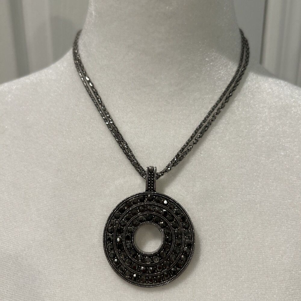 Double Silver Tone Chain With A Round Gray Sparkle Stone Pendant